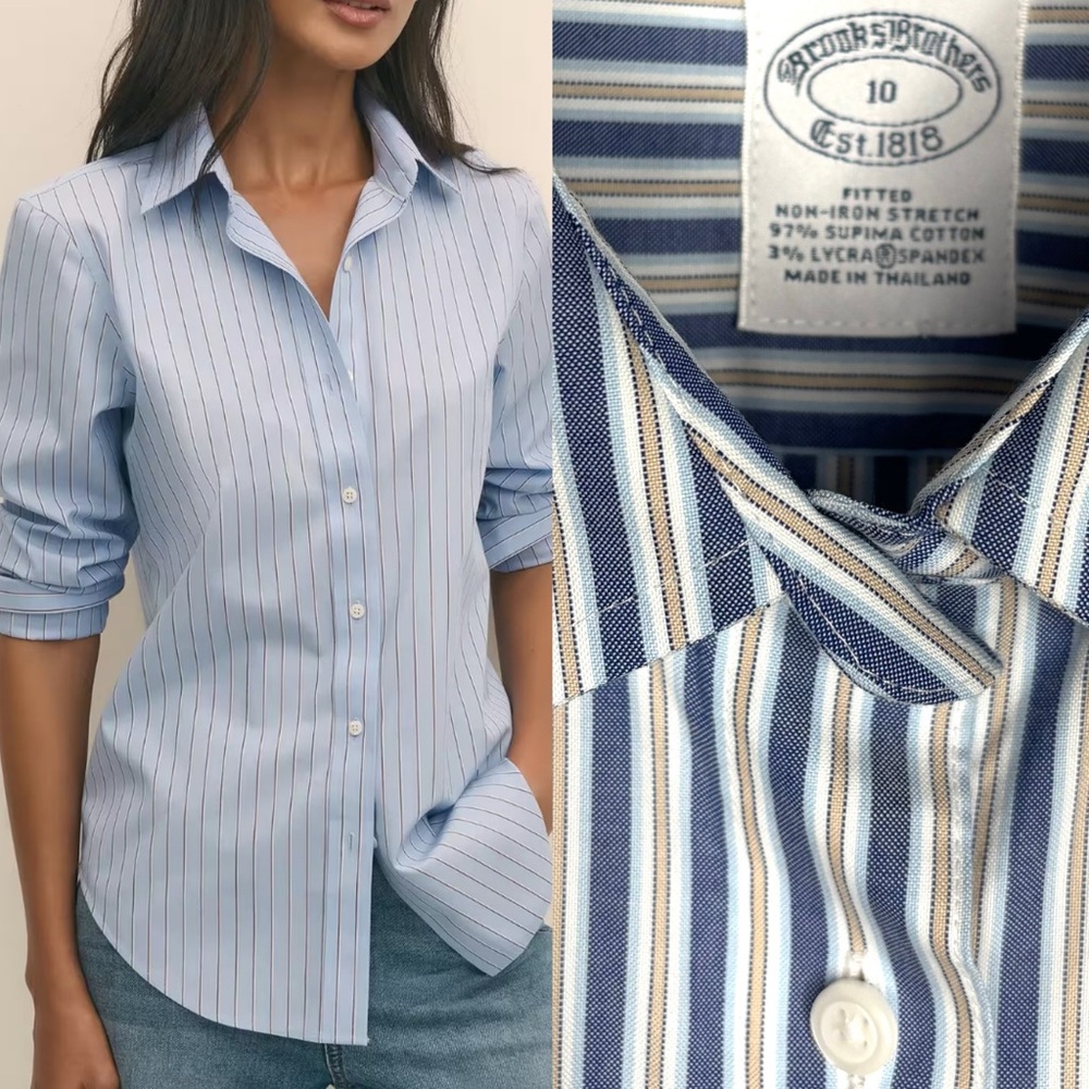 NWT Brooks Brothers women’s non/iron tailored Striped Shirt blue,white,tan sz 10